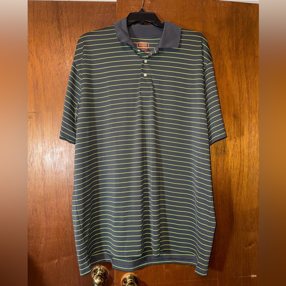The Foundry Supply Co. Navy and Yellow Striped Polo